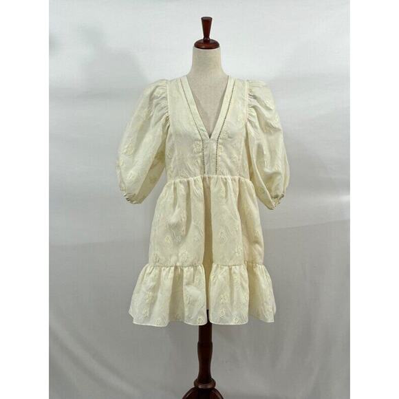 HUNTER BELL Sz L Large Gaille Cream Short Puff Sleeve Jacquard Dress - Picture 7 of 12